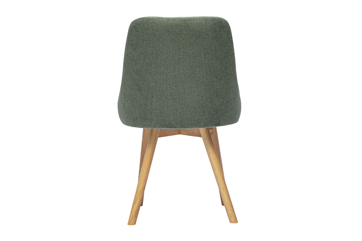 Chaise scandinave en tissu vert kaki, vue arrire, pieds en bois clair.