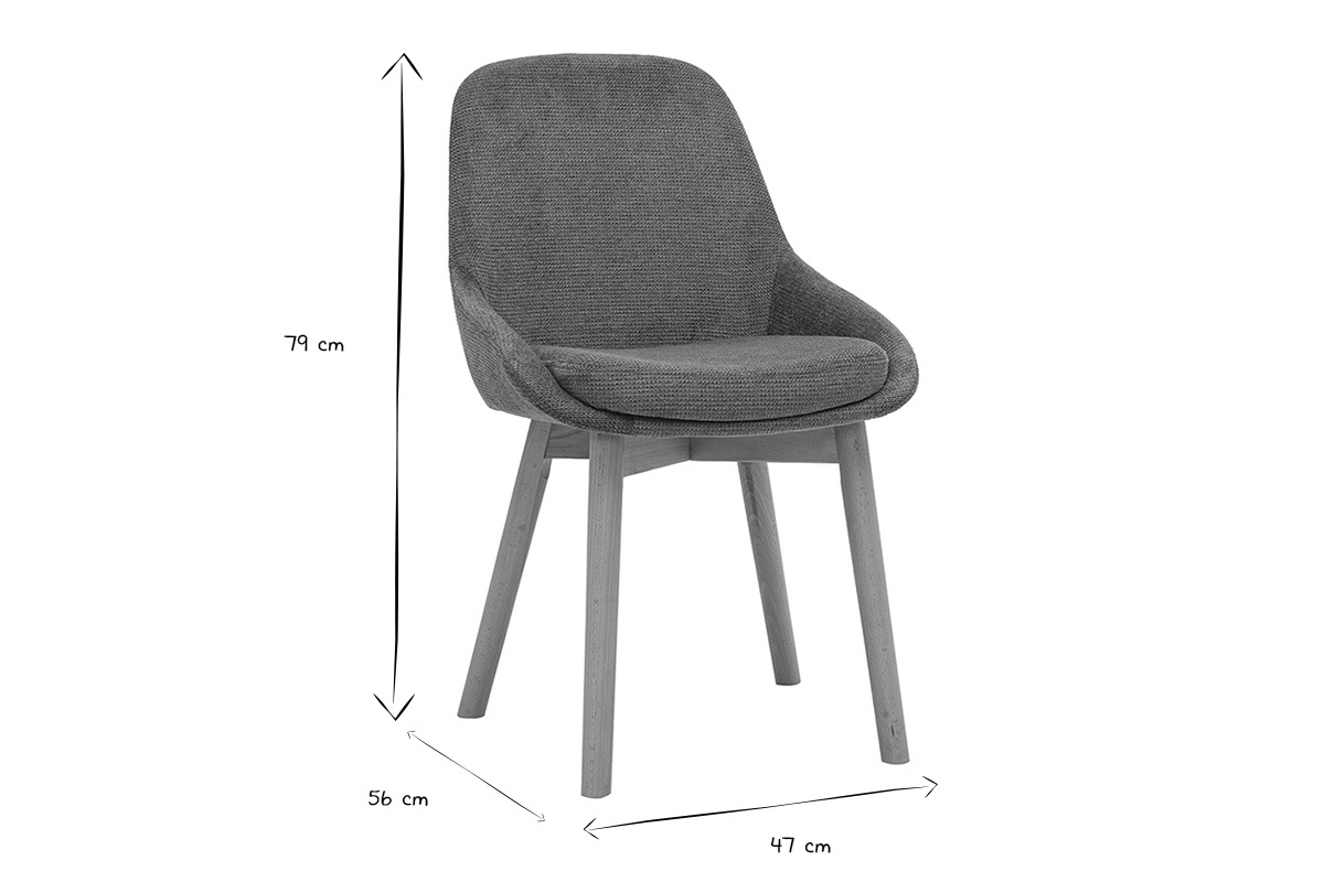 Chaise scandinave vue de profil avec dimensions 47x56x79 cm en noir et blanc.