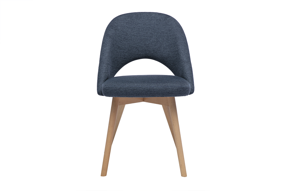Chaise scandinave en tissu bleu fonc� avec pied en bois clair, vue de face.