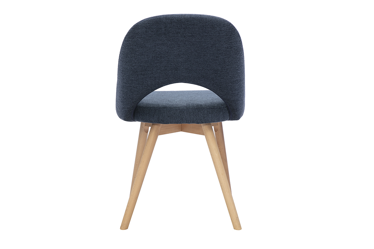 Chaise scandinave bleue en tissu velours, vue de dos, avec pi�tement en bois clair.
