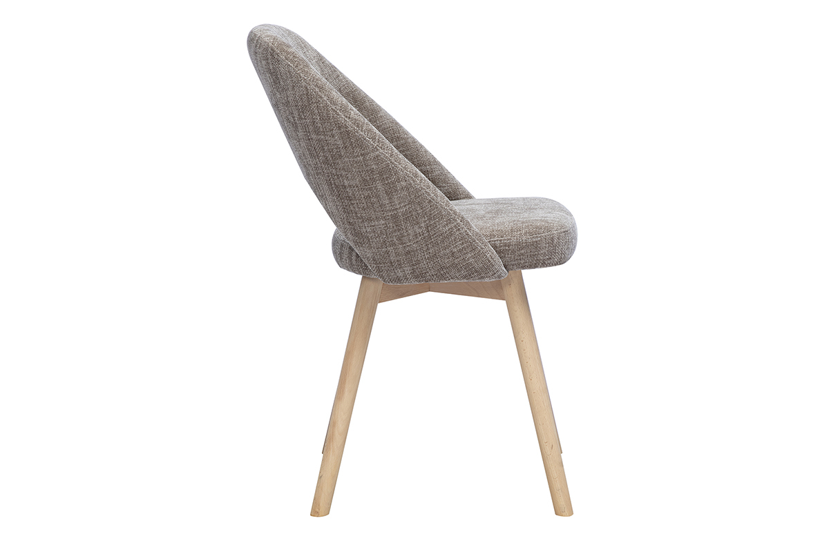 Chaise scandinave COSETTE en tissu effet velours taupe, vue de profil, pieds en bois clair.