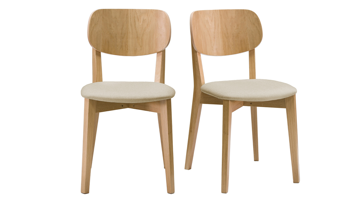 Chaises vintage bois clair chêne et assis en tissu beige (lot de 2) LUCIA
