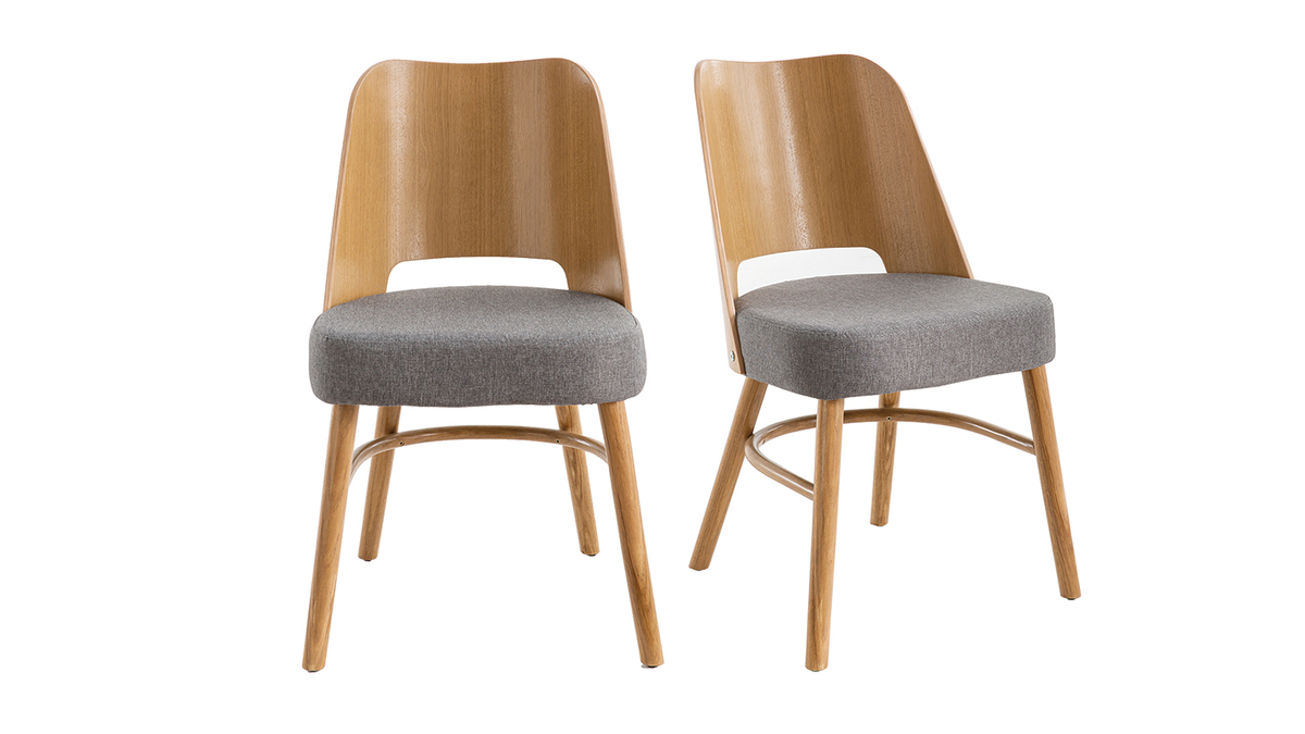 Chaises vintage bois clair chêne et tissu gris (lot de 2) EDITO