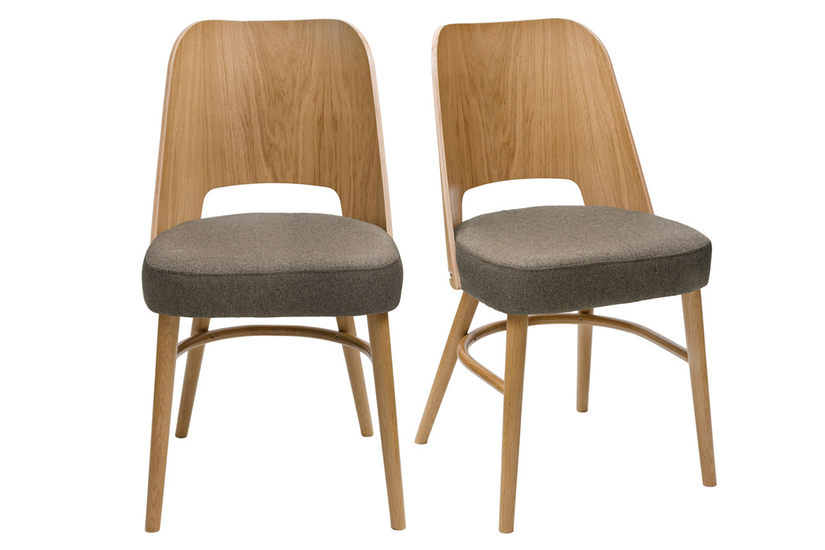 Chaises vintage bois clair ch�ne et tissu marron (lot de 2) EDITO