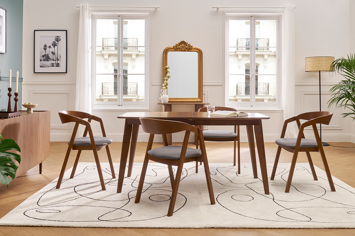 Chaises vintage empilables en bois teint noyer et tissu gris (lot de 2) LOVA