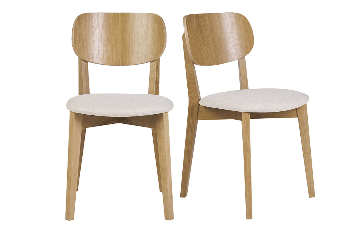 Chaises vintage en bois clair chne et tissu effet laine boucle blanc (lot de 2) LUCIA