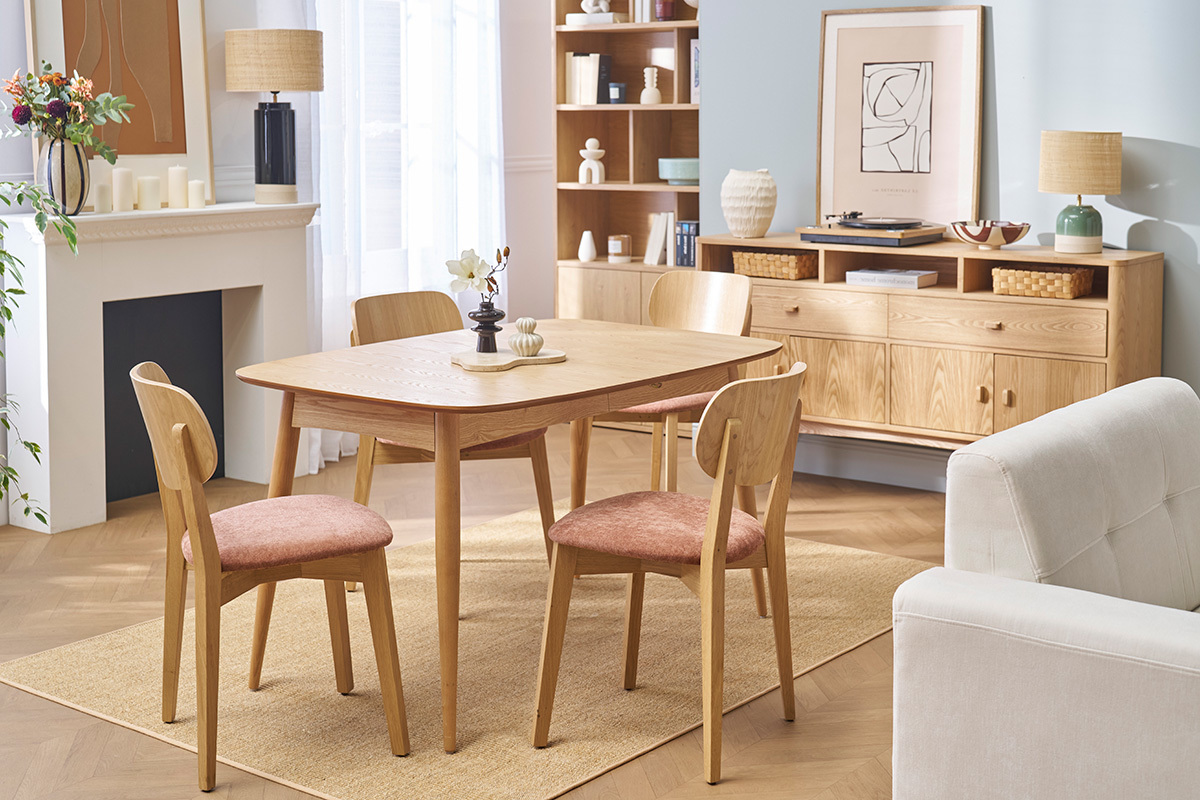 Chaises vintage en bois clair chne et tissu effet velours terracotta (lot de 2) LUCIA