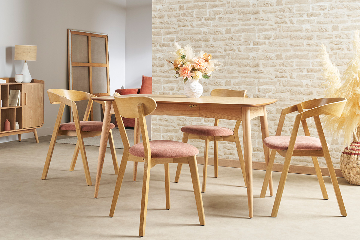 Chaises vintage en bois clair chne et tissu effet velours terre brle (lot de 2) DOVE