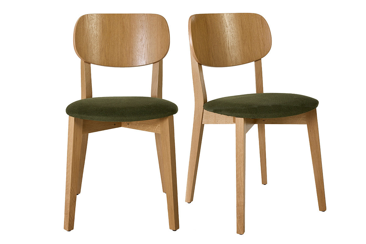 Lot de 2 chaises vintage en bois clair ch�ne et tissu vert kaki, vue de face.