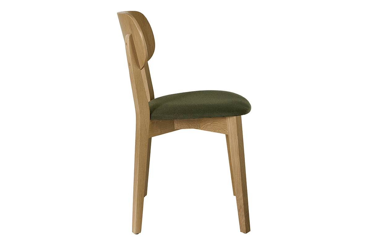 Chaise vintage LUCIA en bois clair ch�ne et tissu effet velours vert kaki, vue de profil.