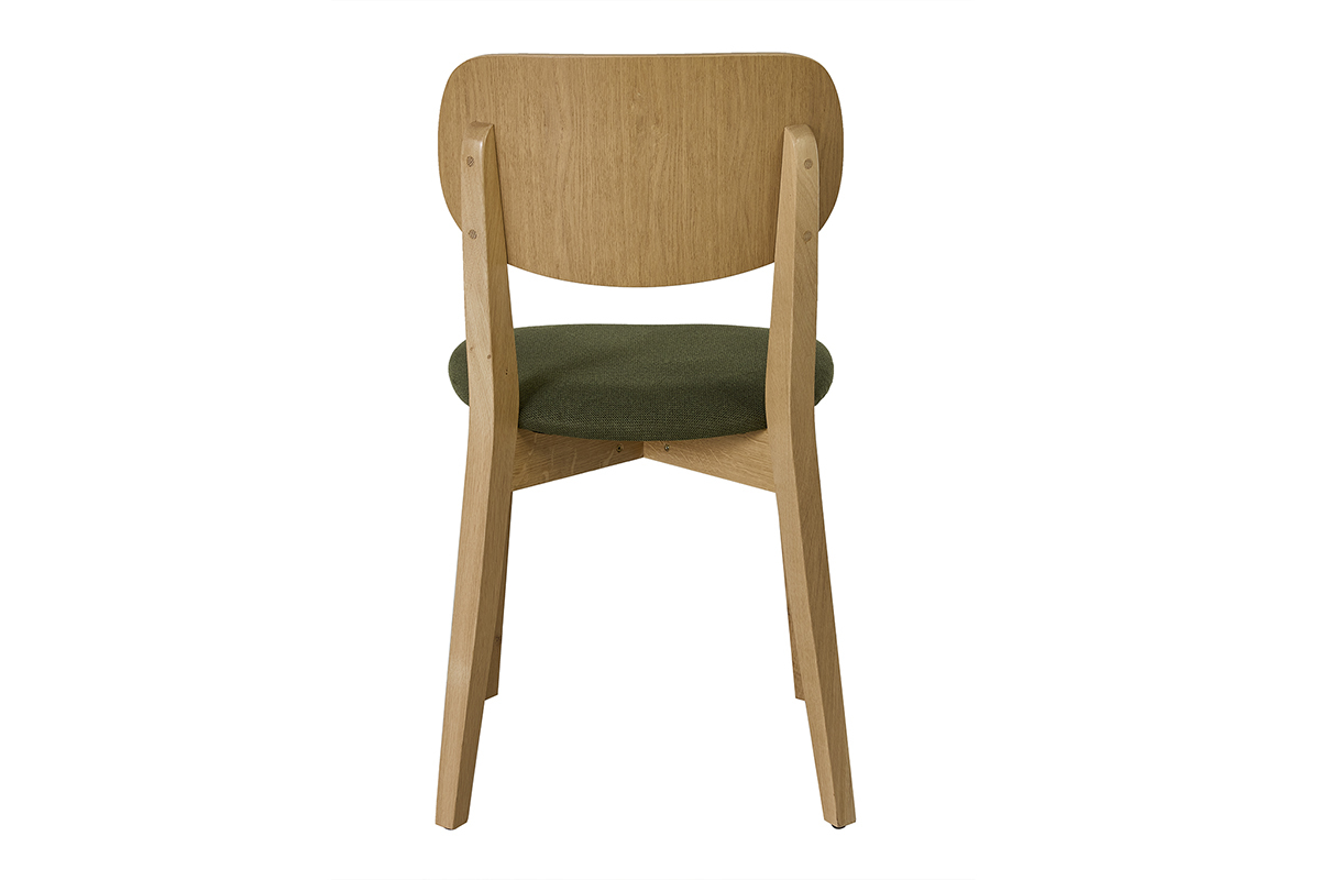 Chaise vintage en bois clair ch�ne et assise vert kaki, vue de dos
