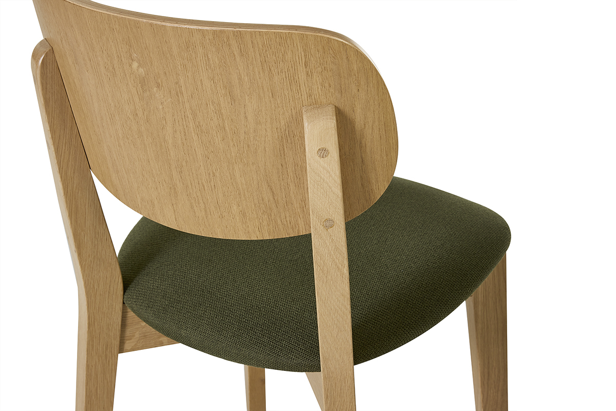 Vue arri�re de la chaise LUCIA en bois clair ch�ne et tissu vert kaki, assise rembourr�e