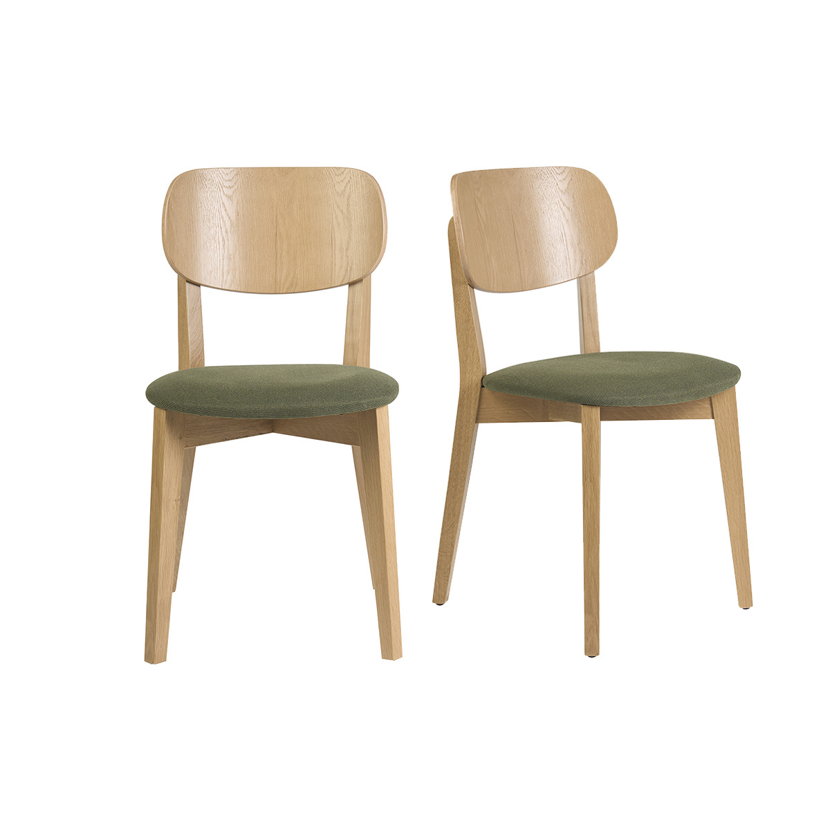 Chaises vintage en bois clair chêne et tissu effet velours texturé vert kaki (lot de 2) LUCIA
