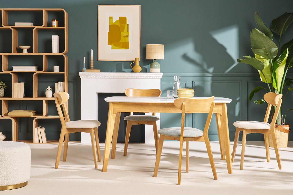 Chaises vintage en bois clair chne et tissu effet velours vert cladon (lot de 2) DOVE