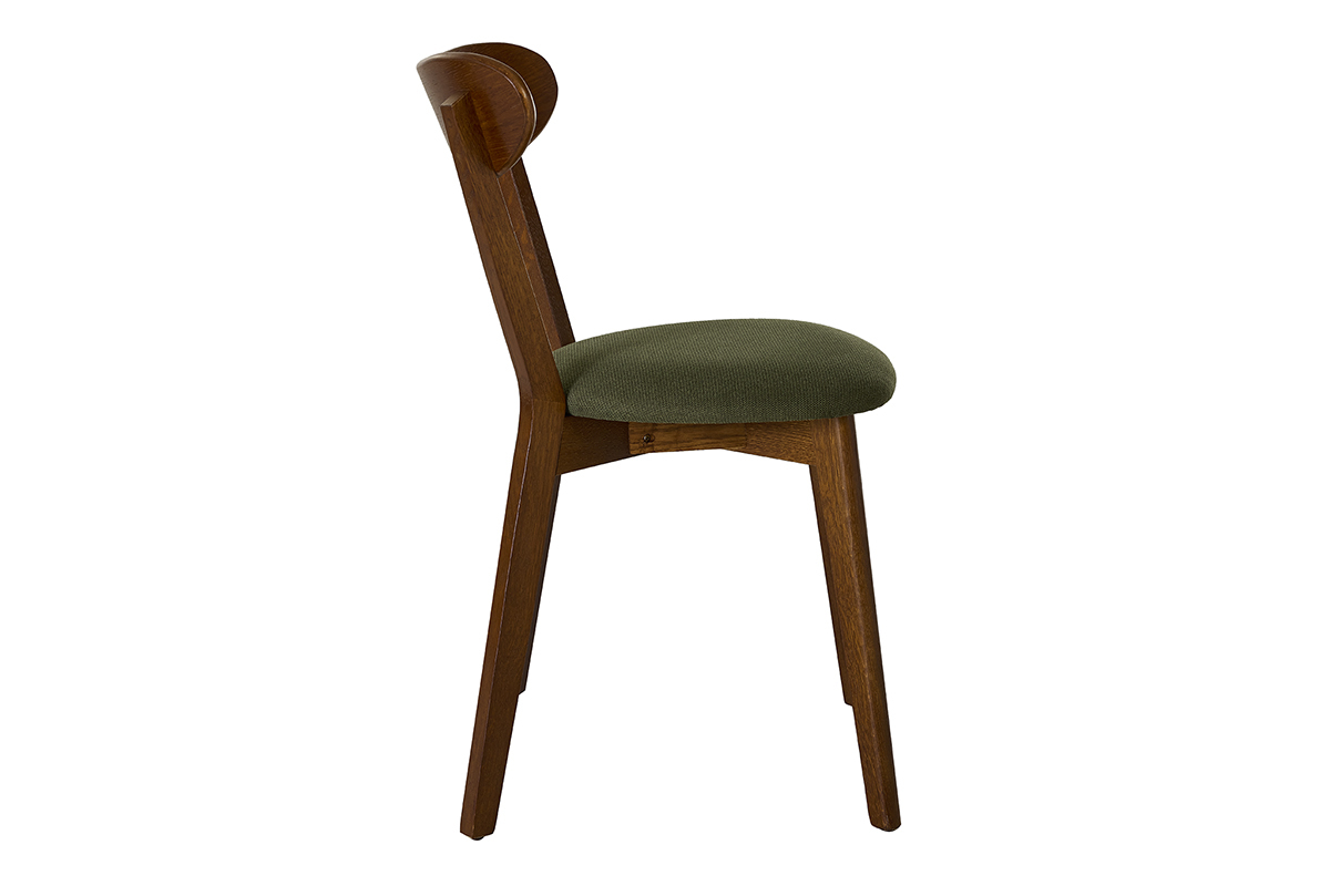 Chaise vintage en bois fonc� avec assise en tissu velours textur� vert kaki, vue de profil.