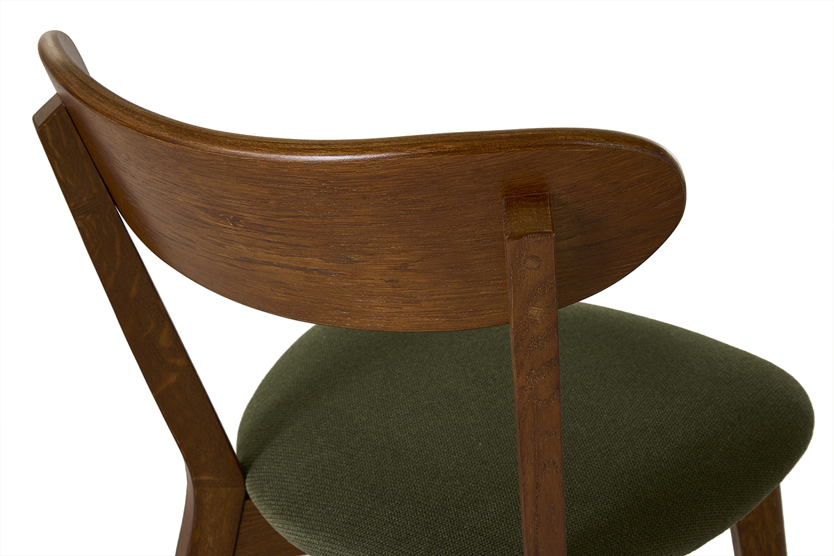 Vue de dos d'une chaise vintage en bois fonc� et tissu vert kaki.