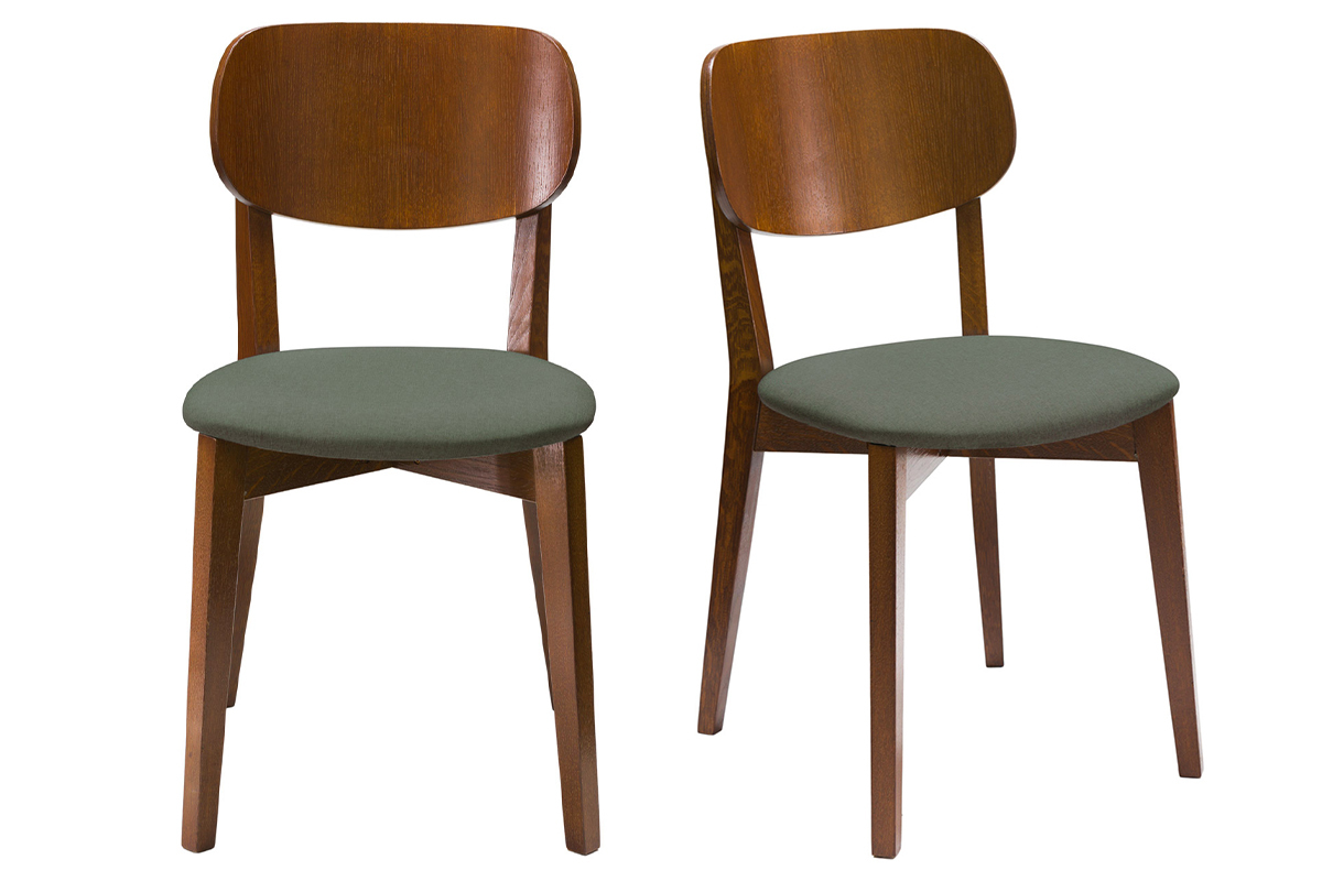 Chaises vintage en bois fonc et tissu vert kaki (lot de 2) LUCIA