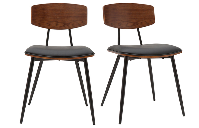Chaises vintage en bois foncé noyer assises noires et métal noir (lot de 2) JOLINE