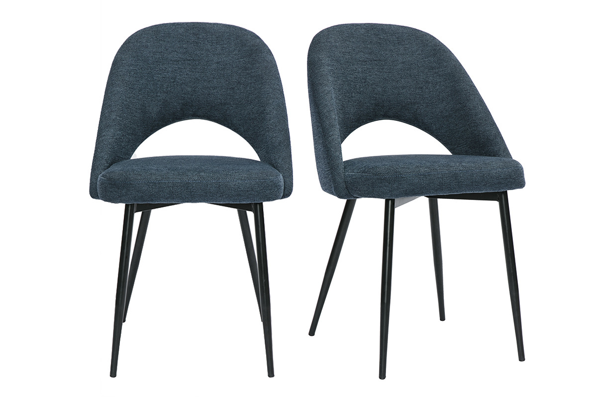 Deux chaises vintage bleu fonc en tissu velours avec pieds en mtal noir COSETTE.