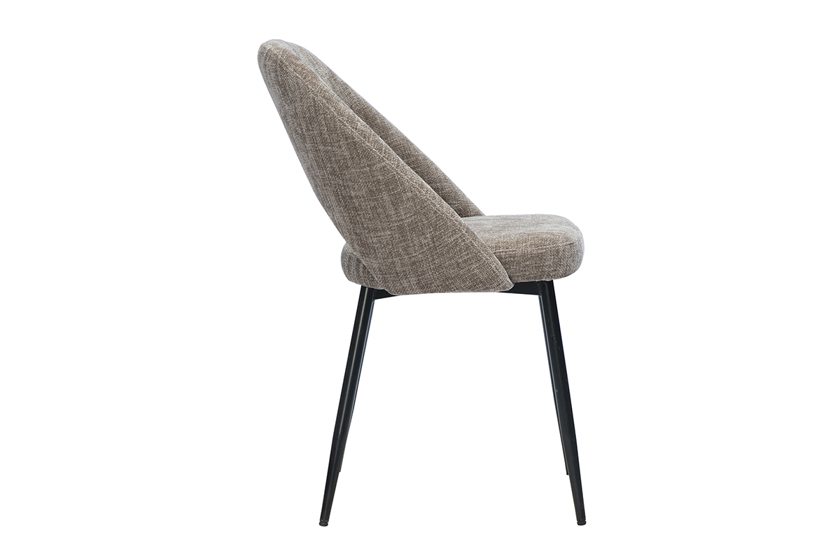 Chaise vintage COSETTE en tissu taupe et m�tal noir, vue de profil.