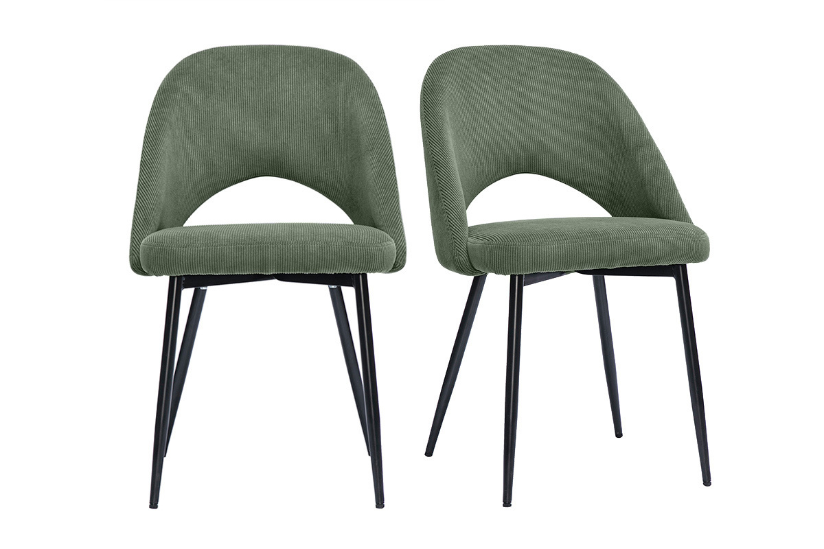 Duo de chaises velours c�tel� vert kaki avec pieds en m�tal noir, vue de face.