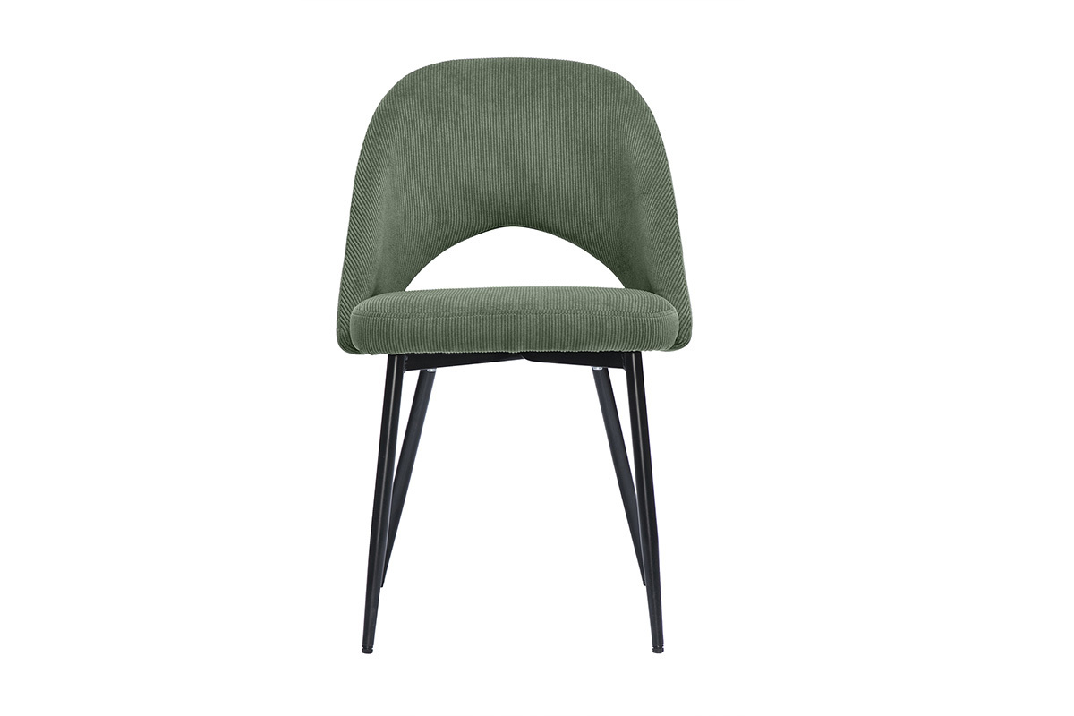 Chaise en velours c�tel� vert kaki, vue de face, pieds en m�tal noir.