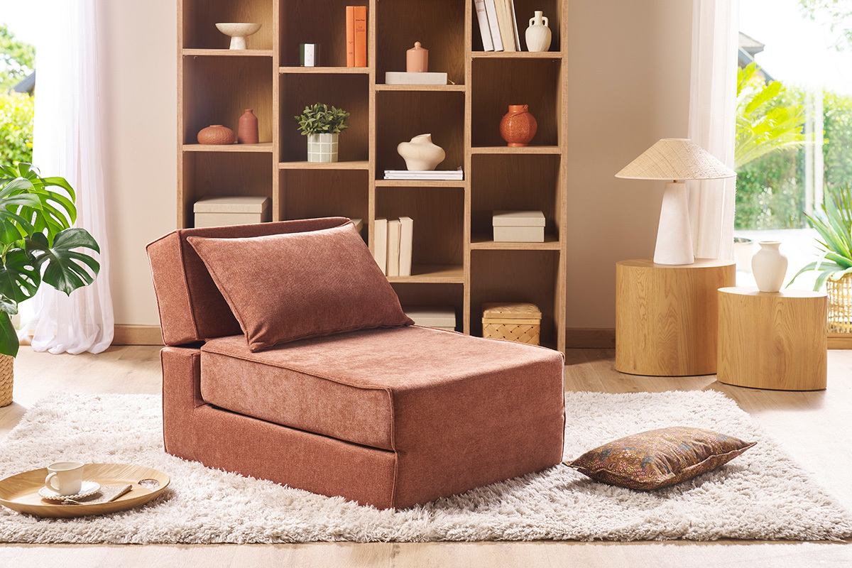 Chauffeuse 1 place convertible en tissu effet velours bleu VICTOR