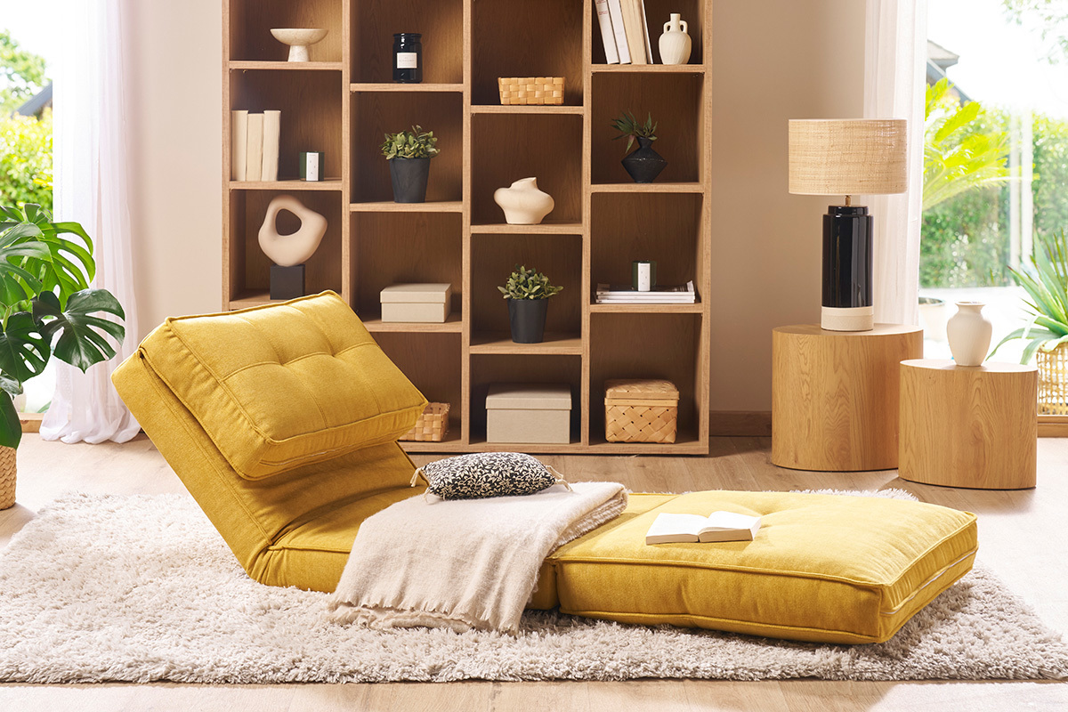 Chauffeuse 1 place convertible en tissu effet velours jaune moutarde SALLY