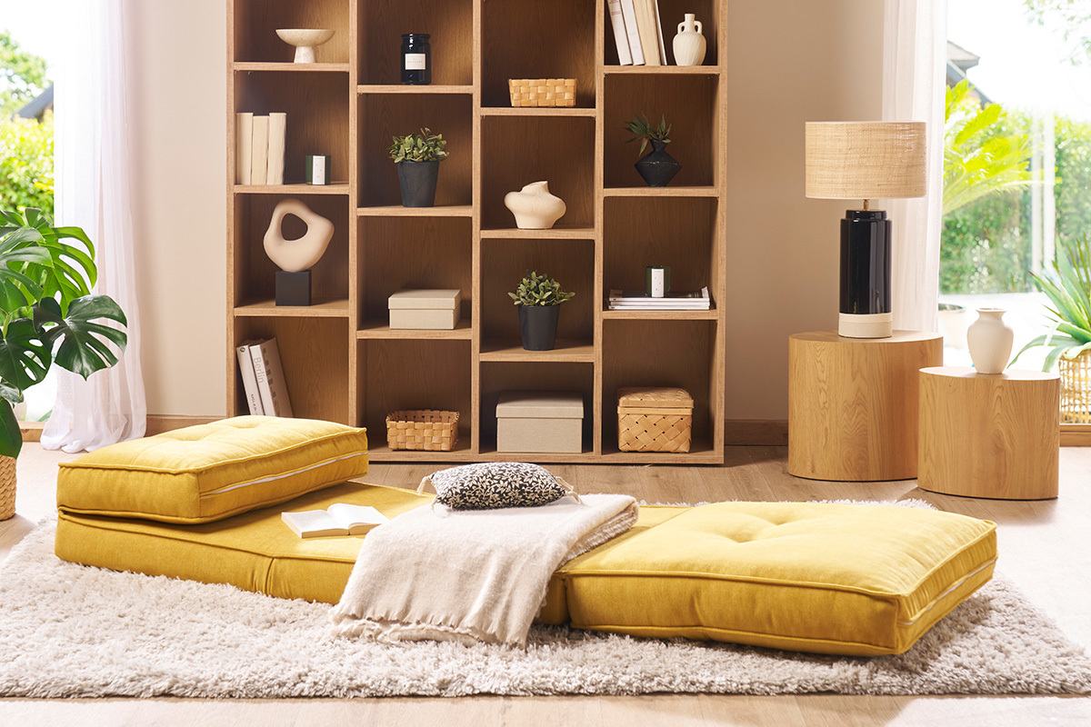 Chauffeuse 1 place convertible en tissu effet velours jaune moutarde SALLY