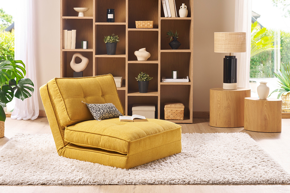 Chauffeuse 1 place convertible en tissu effet velours jaune moutarde SALLY