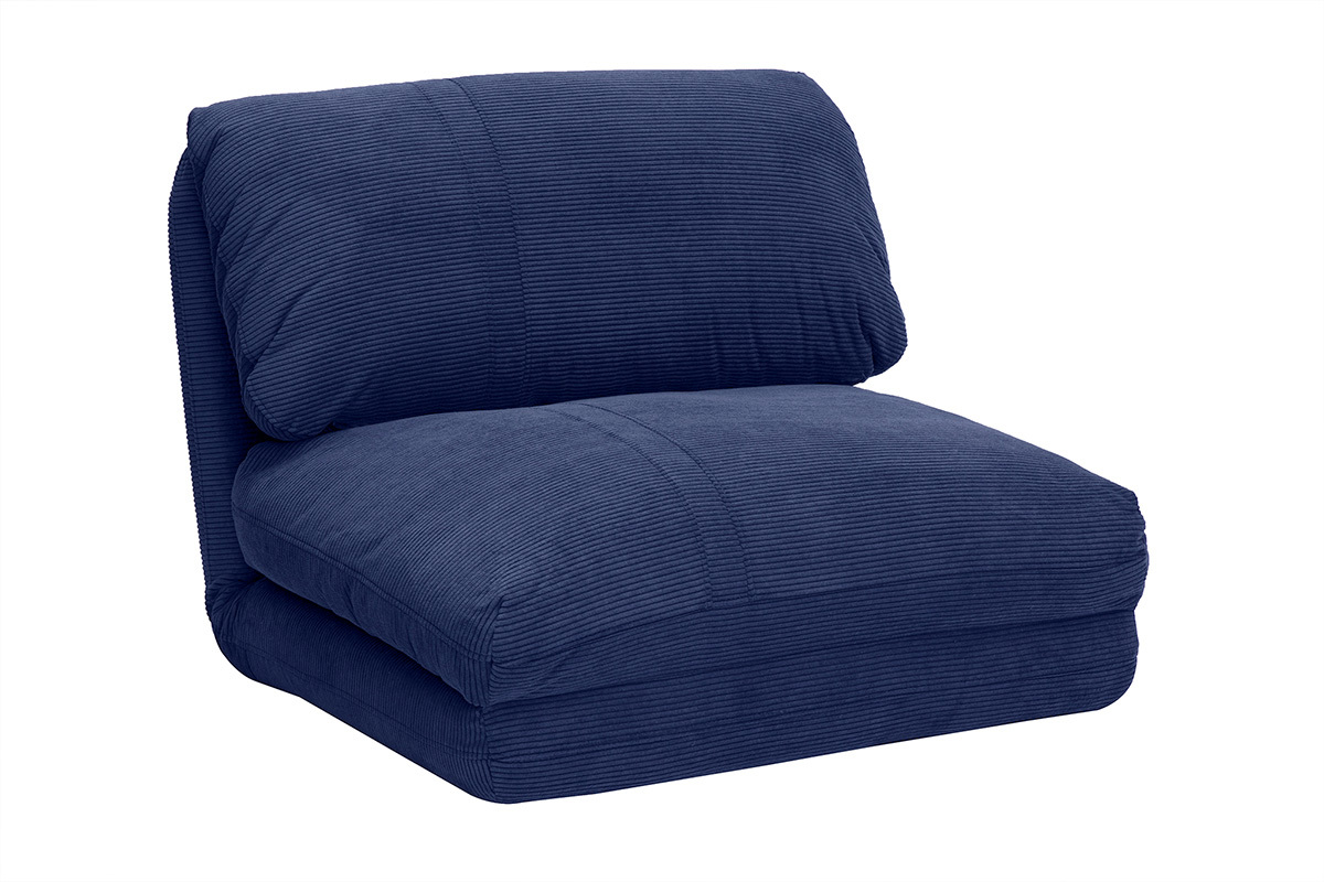 Chauffeuse convertible en velours ctel bleu fonc, vue de 3/4.