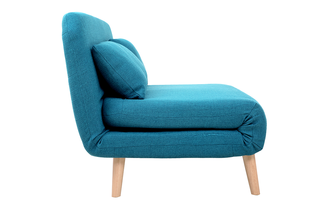 Chauffeuse 2 places convertible en tissu bleu canard et bois clair AMIKO