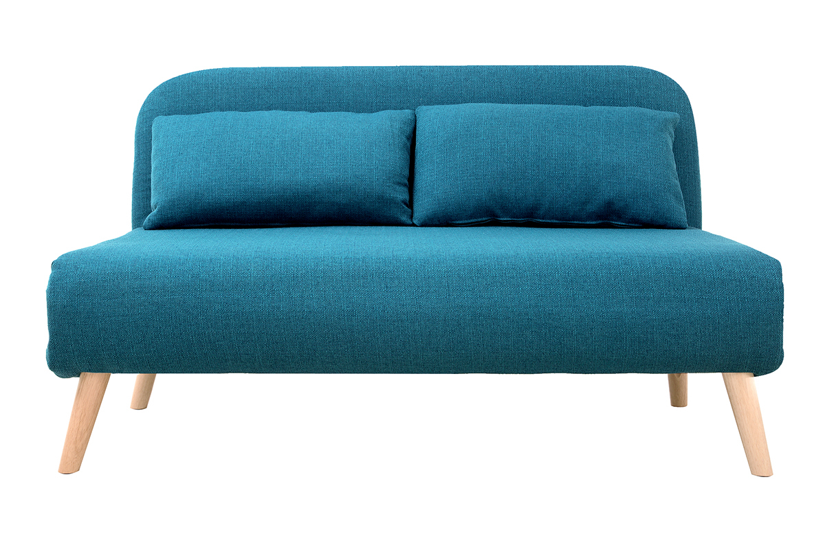 Chauffeuse 2 places convertible en tissu bleu canard et bois clair AMIKO