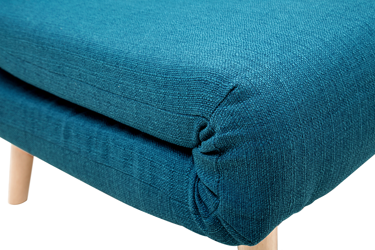 Chauffeuse 2 places convertible en tissu bleu canard et bois clair AMIKO