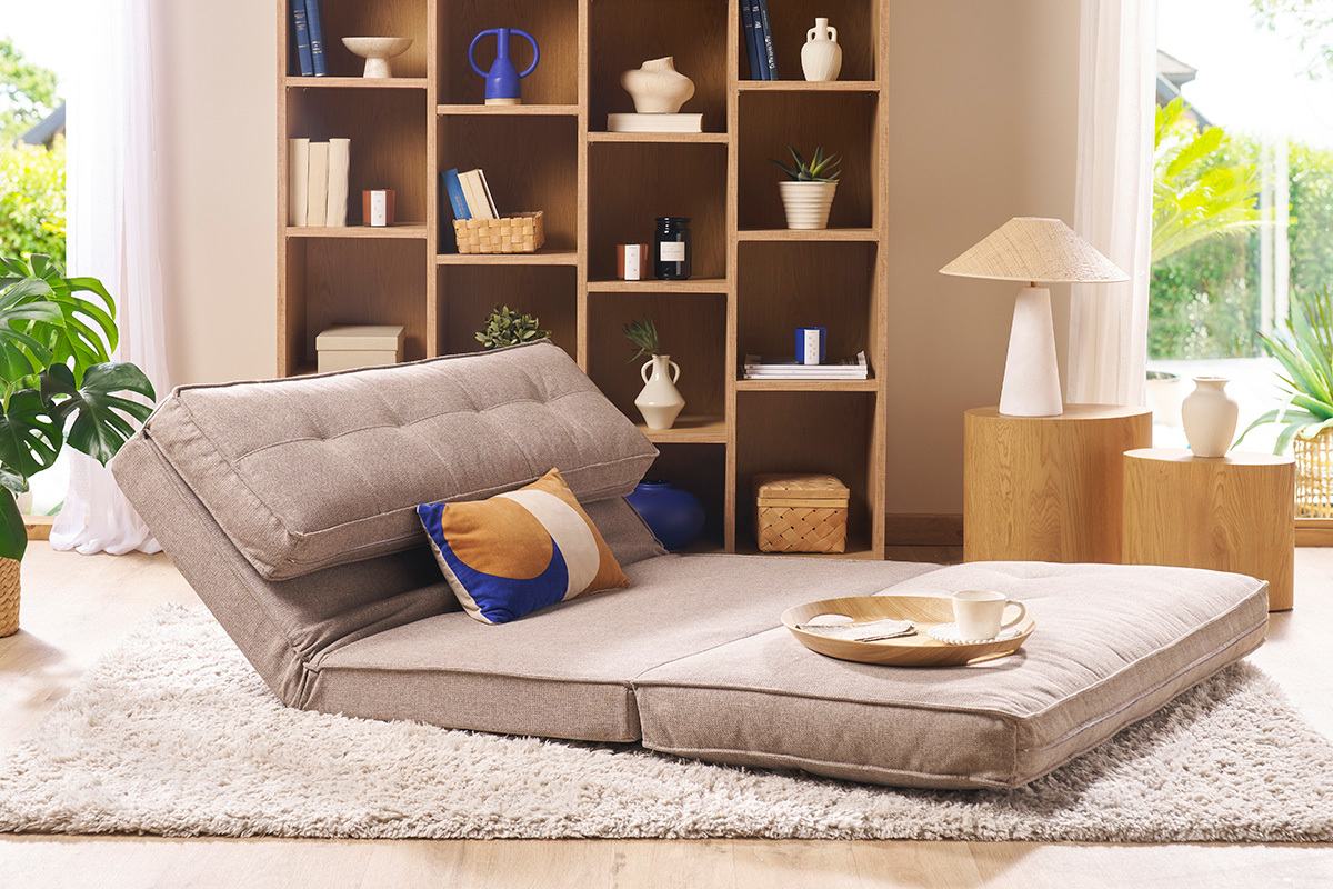 Chauffeuse 2 places convertible en tissu taupe SALLY