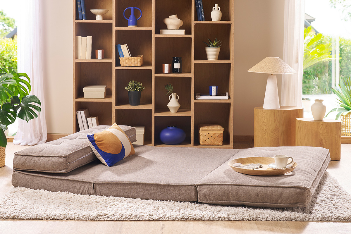 Chauffeuse 2 places convertible en tissu taupe SALLY