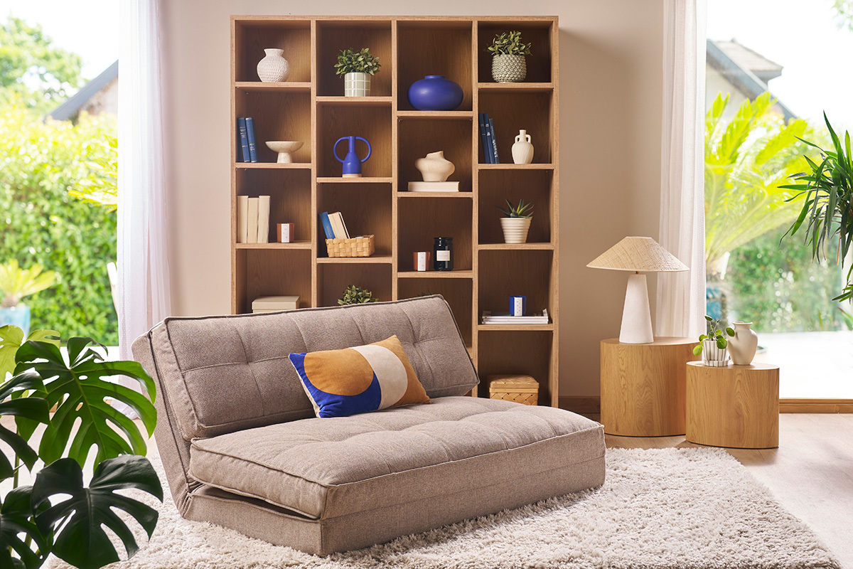 Chauffeuse 2 places convertible en tissu taupe SALLY