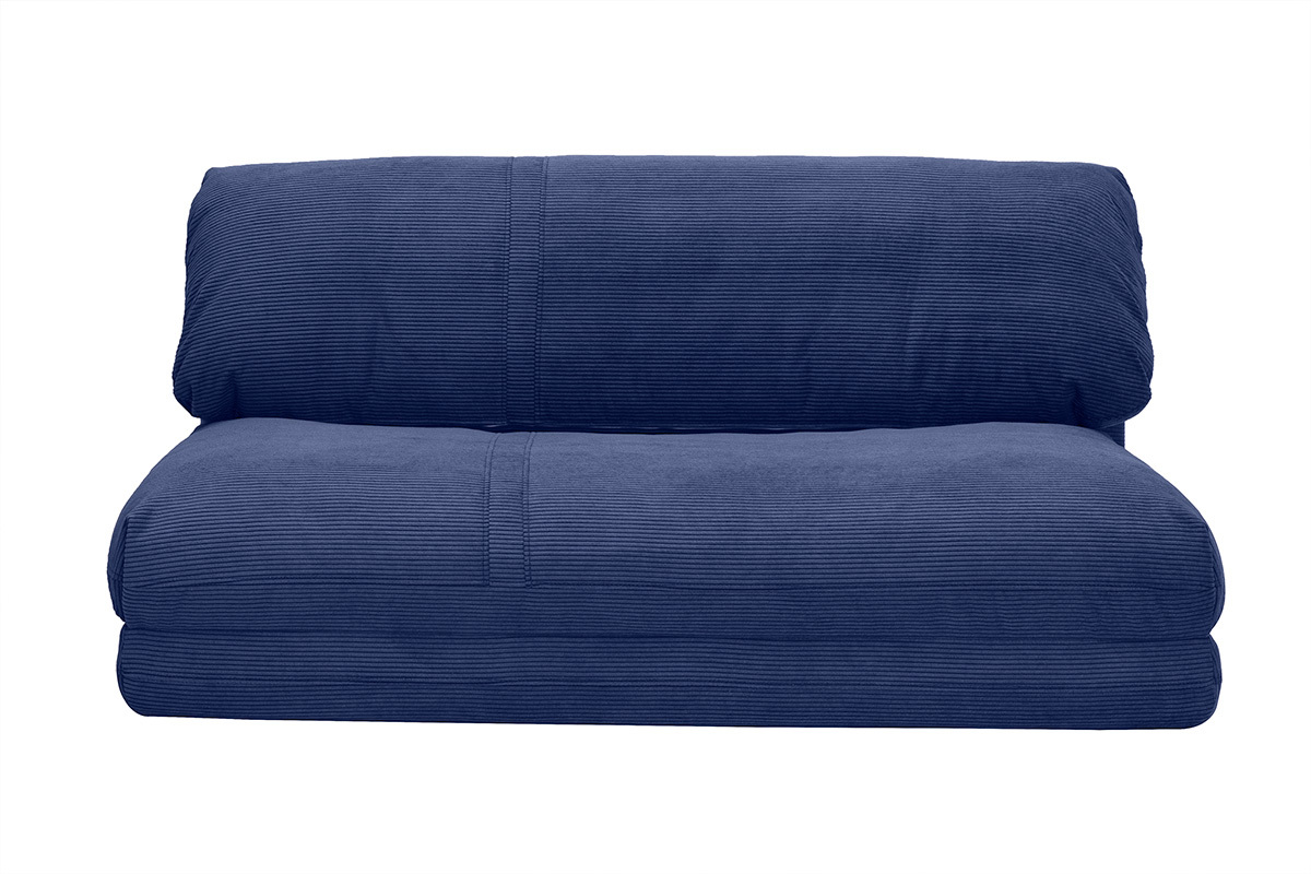 Chauffeuse convertible bleu fonc en velours ctel, vue de face.