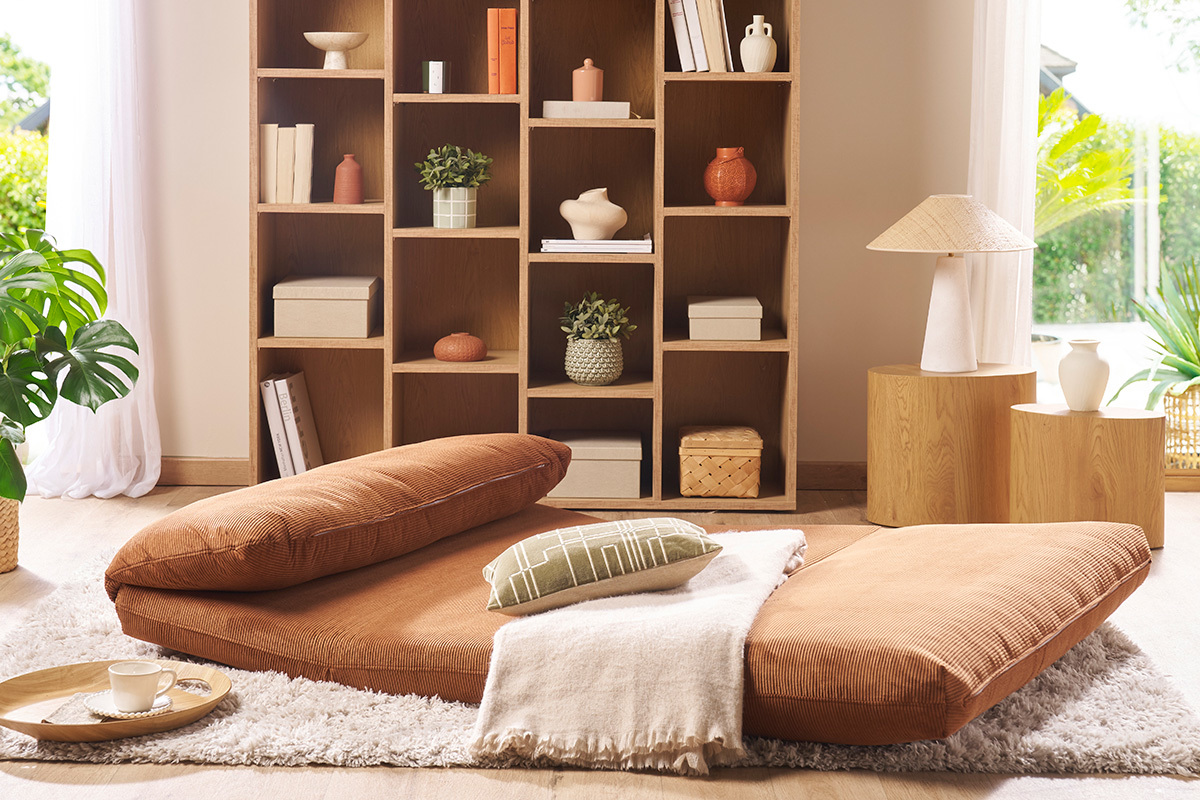 Chauffeuse convertible 2 places en tissu velours ctel terre brle SPENCER