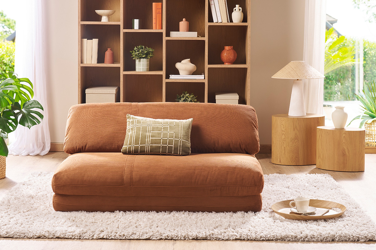 Chauffeuse convertible 2 places en tissu velours ctel terre brle SPENCER