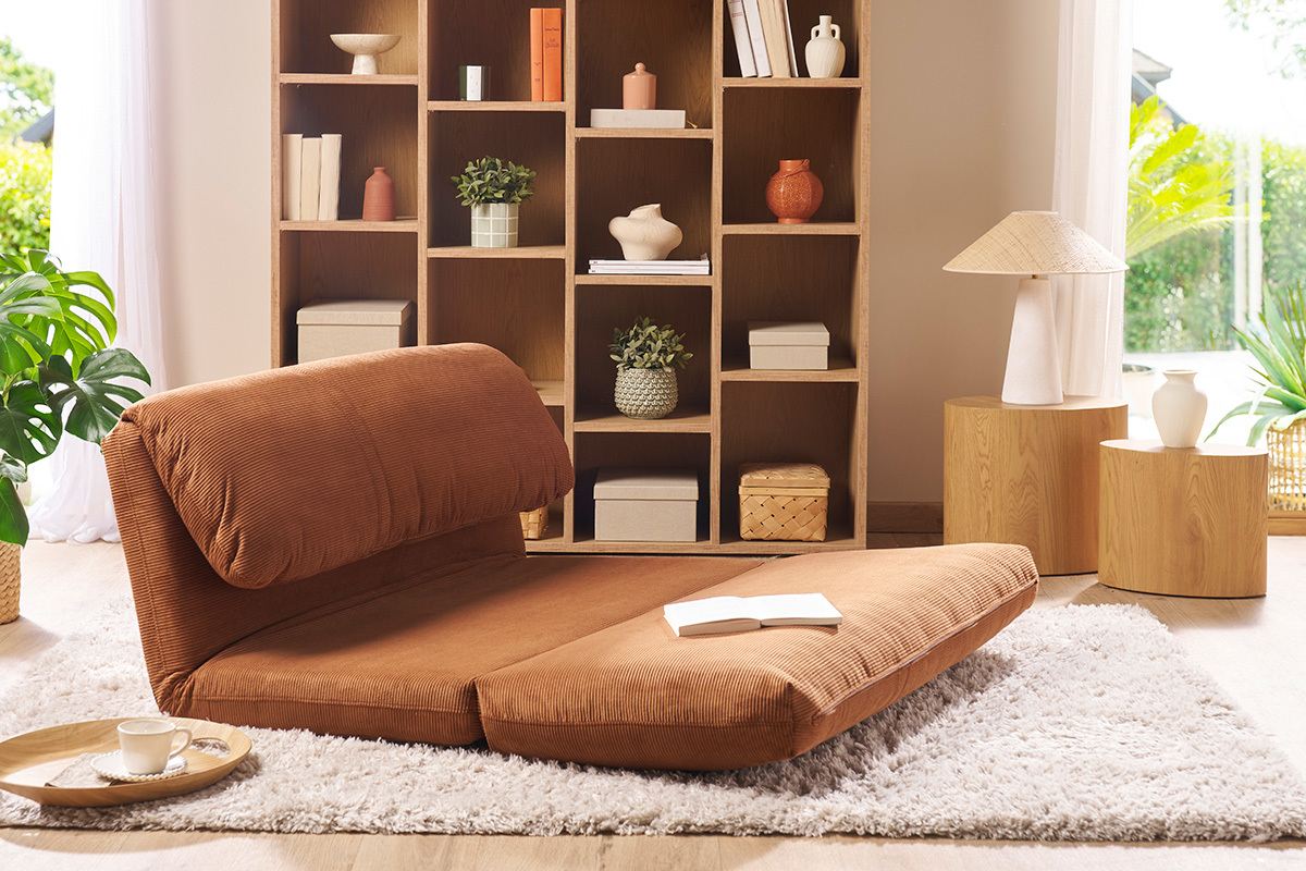 Chauffeuse convertible 2 places en tissu velours ctel terre brle SPENCER