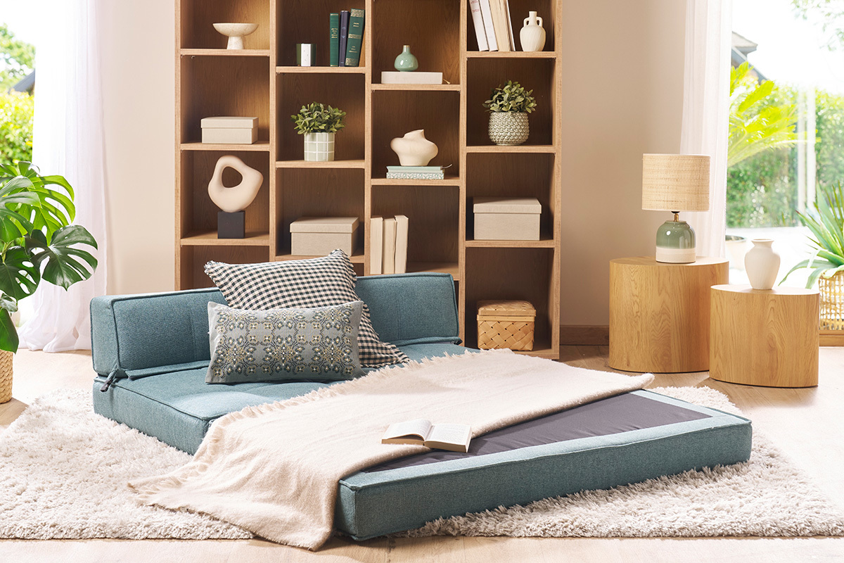 Chauffeuse convertible 2 places en tissu vert de gris KATY