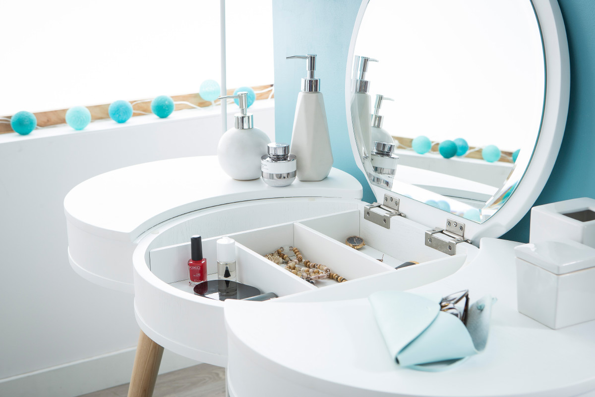 Coiffeuse scandinave bois blanc miroir rond NUBE
