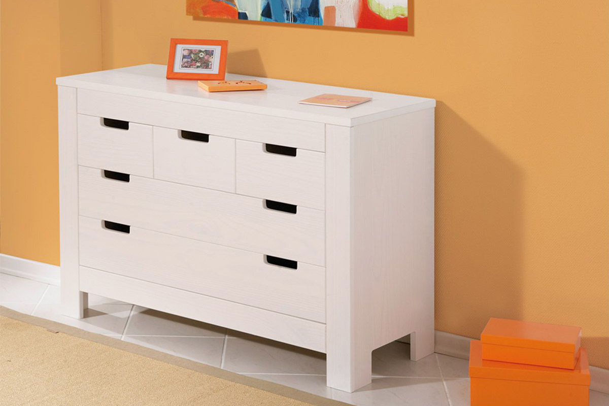 Commode blanche design pin massif 5 tiroirs GAIA