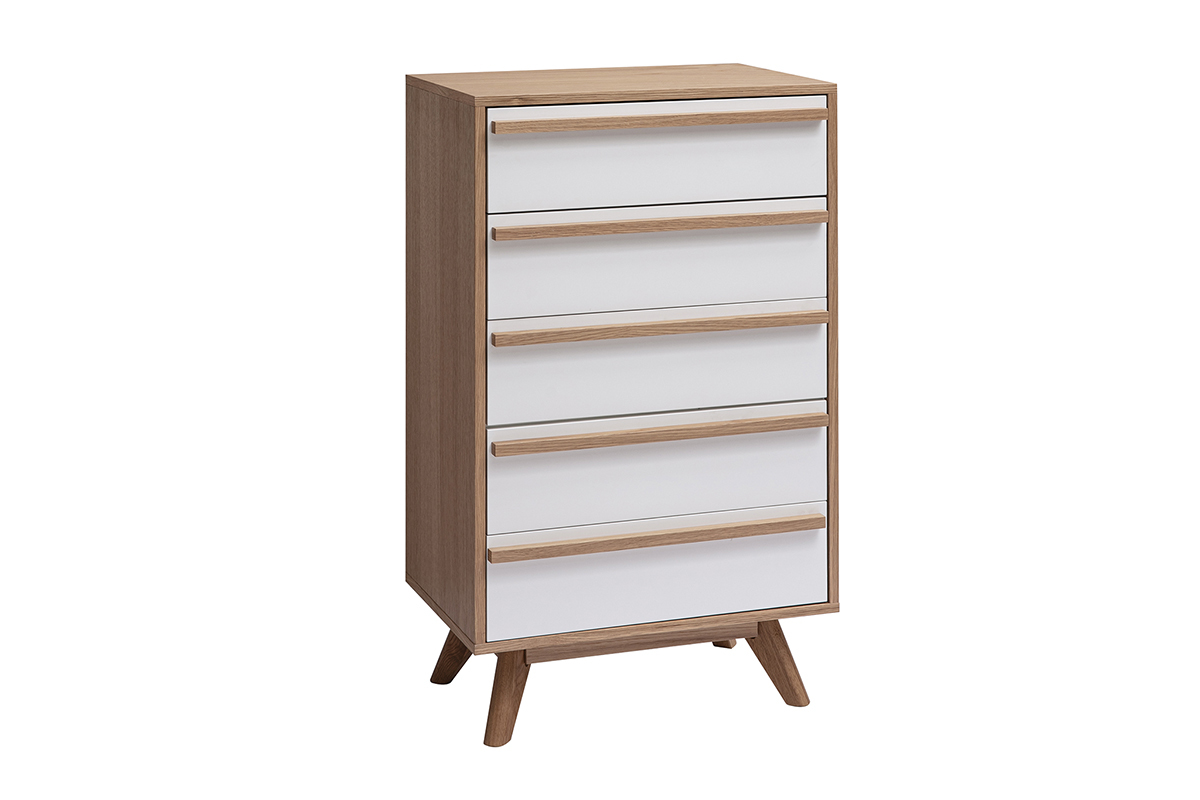 Commode scandinave HELIA 5 tiroirs, blanc et bois clair, vue 3/4.