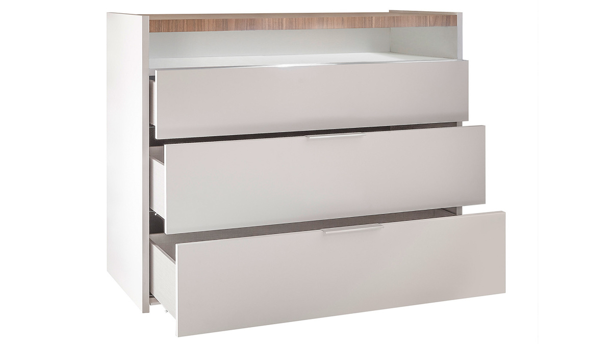 Commode design 3 tiroirs blanc mat plateau finition chêne L110 cm VERDI