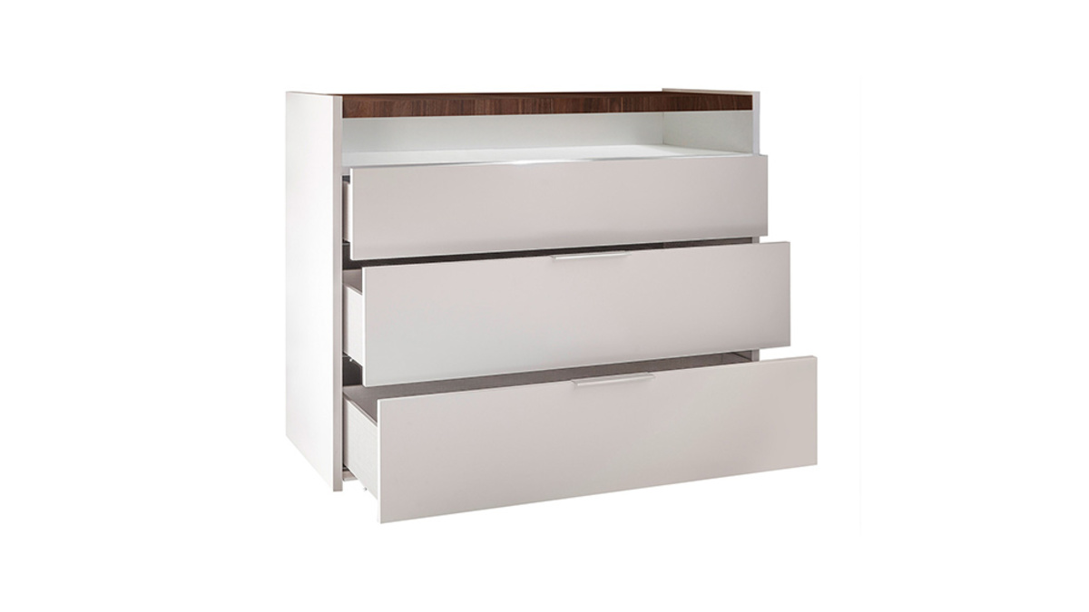 Commode design 3 tiroirs blanc mat plateau finition noyer L110 cm VERDI
