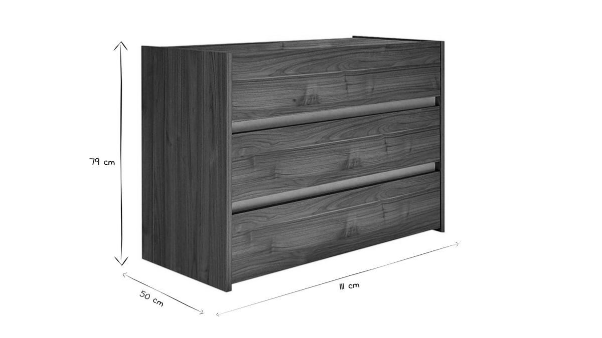 Commode design bois foncé 3 tiroirs L111 cm ODE