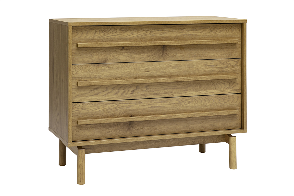 Commode en bois ch�ne clair, 3 tiroirs, vue de 3/4, style contemporain