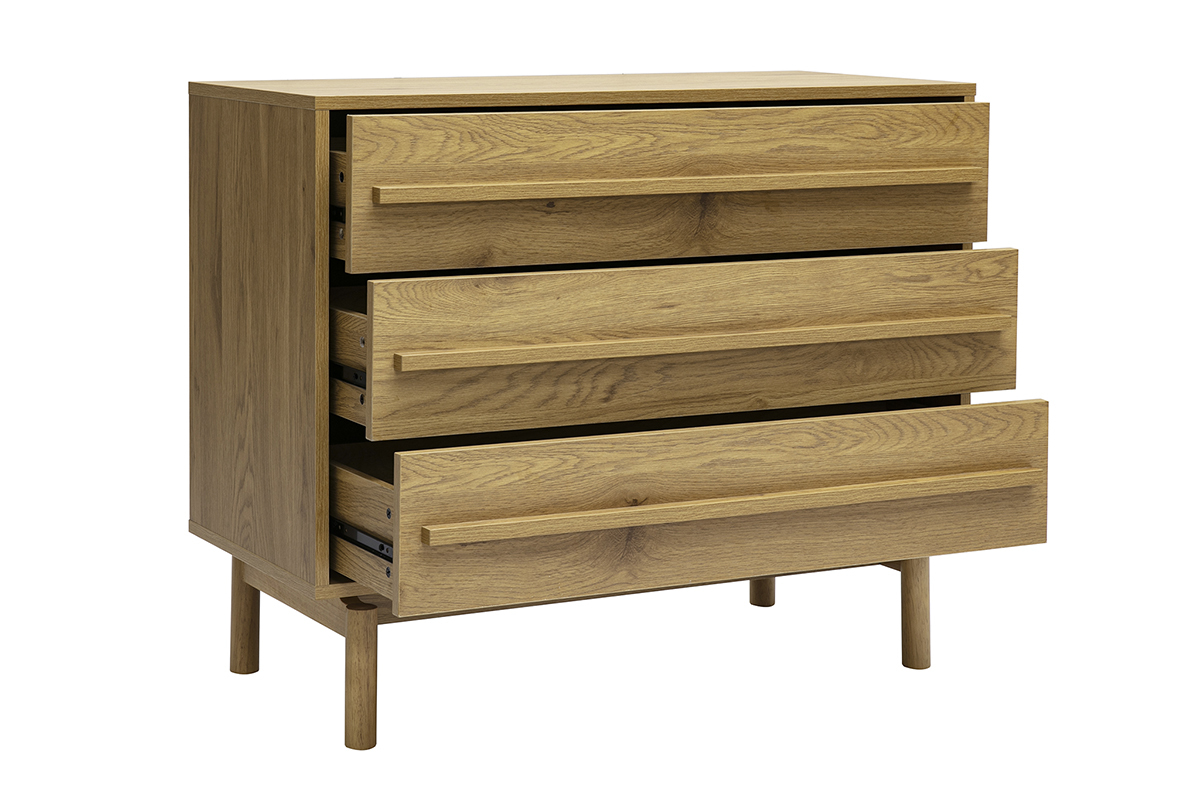 Commode en bois ch�ne clair avec trois tiroirs, vue de 3/4
